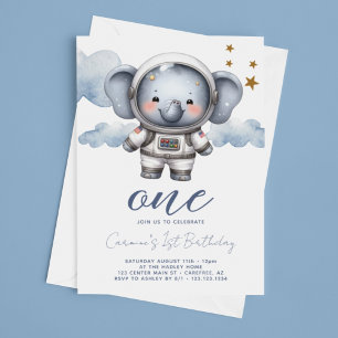 Baby Elephant Astronaut 1st Birthday Invitation