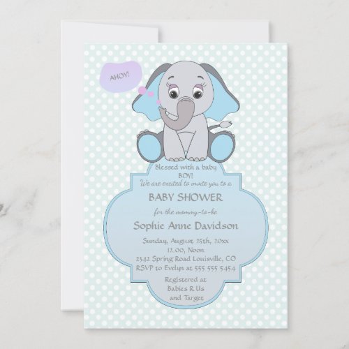 Baby Elephant Baby Boy Baby Shower Invite