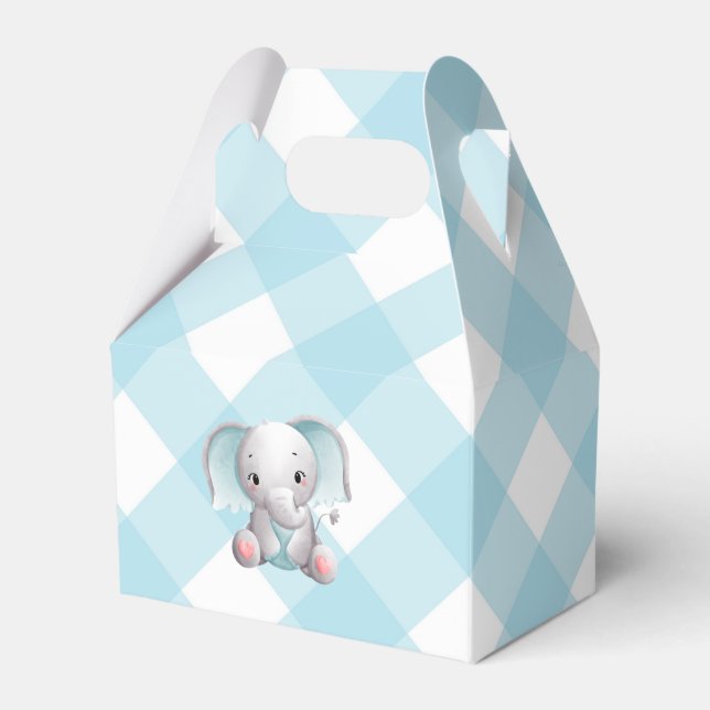 Baby Elephant Baby Boy Favor Box Plaid Gingham (Front Side)