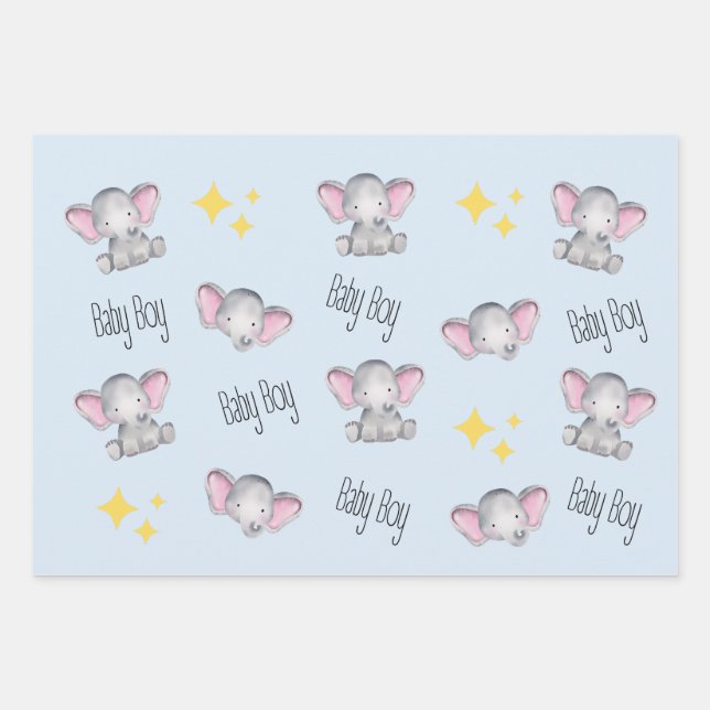 baby elephant baby boy shower wrapping paper sheets (Front)