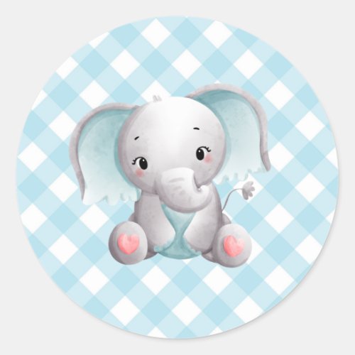 Baby Elephant Baby Boy Sticker Blue Plaid Gingham