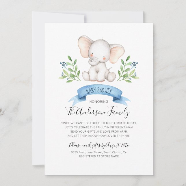 Baby Elephant Baby Shower By Mail Long Distance Invitation (Front)