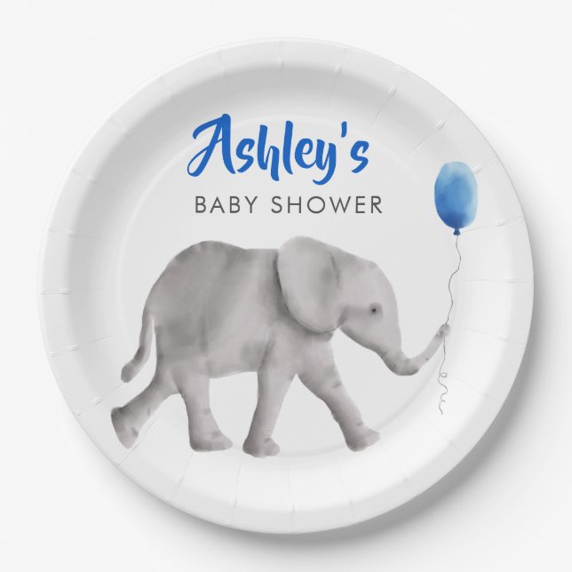 Baby Elephant Baby Shower, Elephant & Blue Balloon Paper Plates (Front)