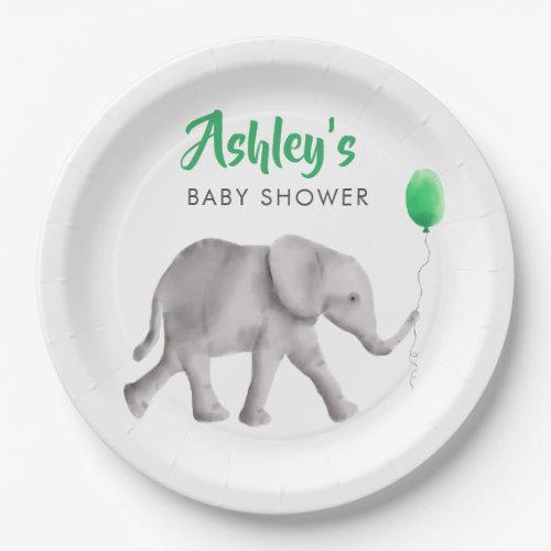 Baby Elephant Baby Shower Elephant  Green Balloon Paper Plates