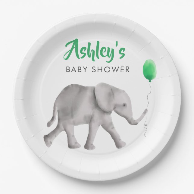 Baby Elephant Baby Shower Elephant & Green Balloon Paper Plates (Front)