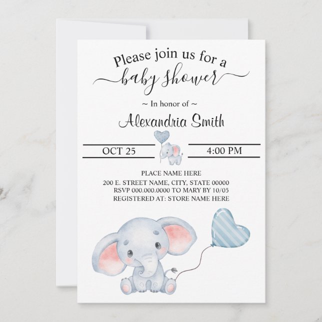 Baby Elephant Baby Shower Invitation (Front)