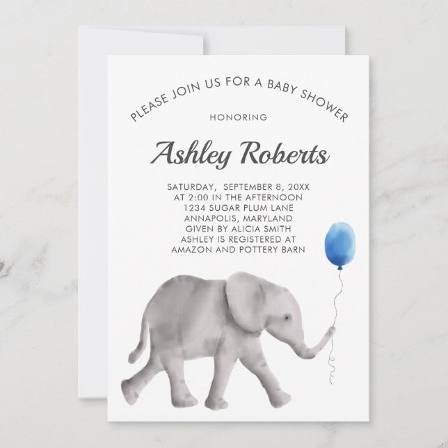 Baby Elephant Baby Shower Invitation, Blue & Gray Invitation (Front)