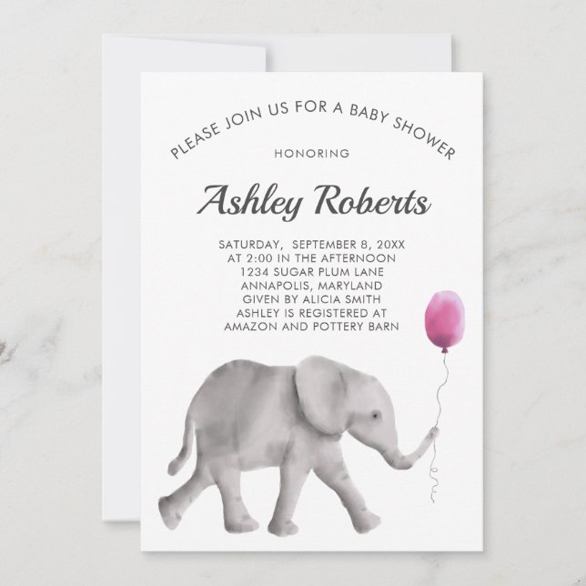 Baby Elephant Baby Shower Invitation, Pink & Gray Invitation (Front)