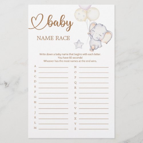 Baby Elephant Baby Shower Name Race Game
