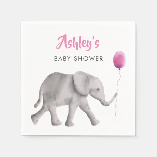 Baby Elephant Baby Shower Napkins w Pink Balloon