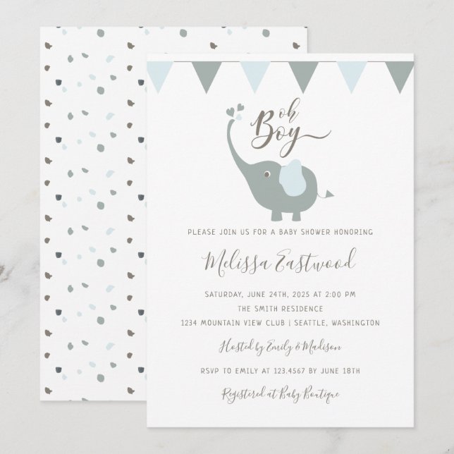 Baby Elephant Baby Shower Oh Boy Party Invitation (Front/Back)