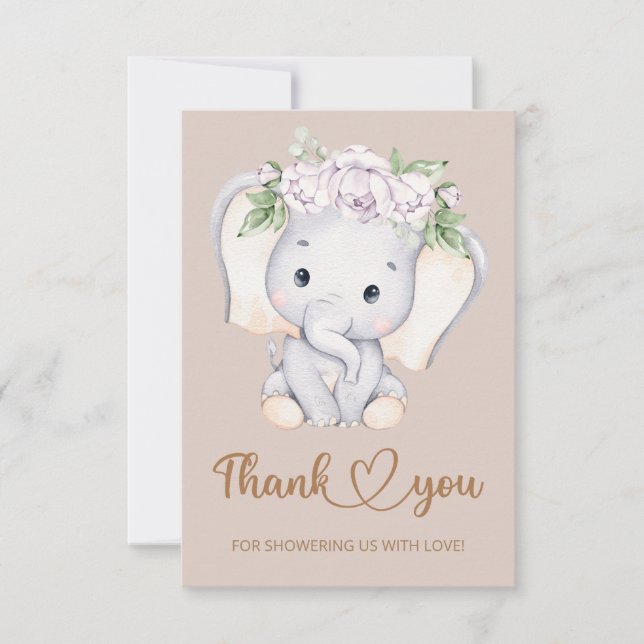 Baby elephant baby shower thank you card (Front)