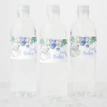 Baby elephant baby shower water bottle labels.