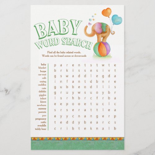 Baby elephant baby shower word search flyer