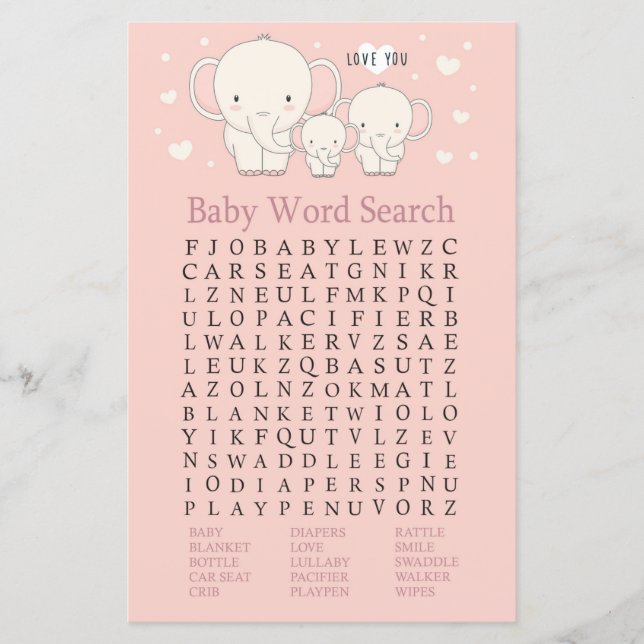 Baby Elephant Baby Shower Word Search Game (Front)