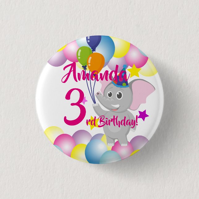 Baby elephant Balloons Birthday party Button (Front)