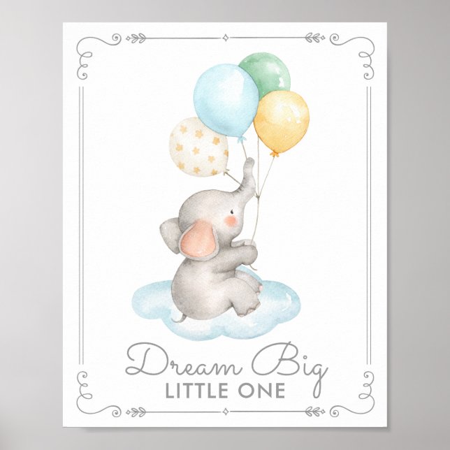 Baby Elephant & Balloons Dream Big Nursery Decor (Front)