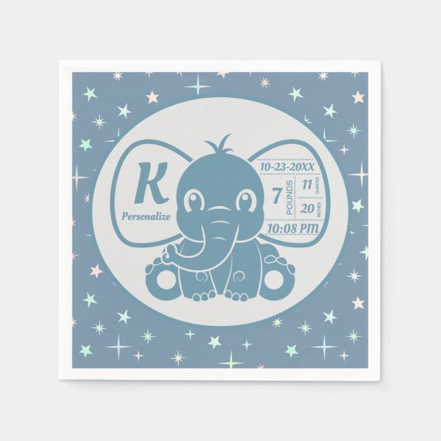 Baby Elephant Birth Announcement Blue Boy Napkins (Front)