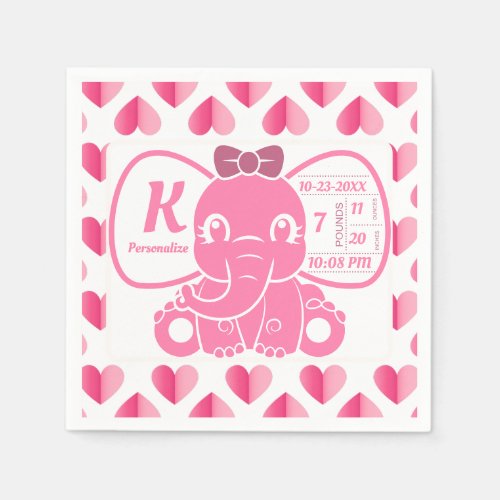 Baby Elephant Birth Announcement Pink Girl Napkins