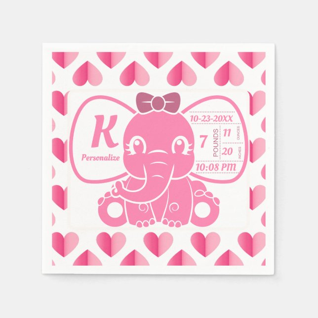 Baby Elephant Birth Announcement Pink Girl Napkins (Front)