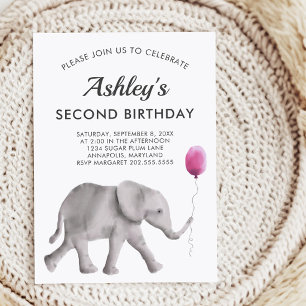 Baby Elephant Birthay Party Invitation Pink & Gray