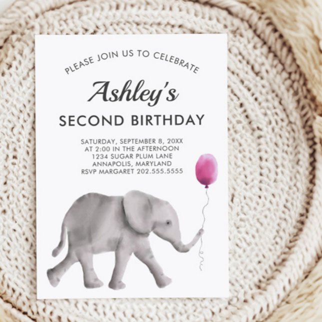 Baby Elephant Birthay Party Invitation Pink & Gray (Creator Uploaded)