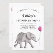 Baby Elephant Birthay Party Invitation Pink & Gray (Front/Back)