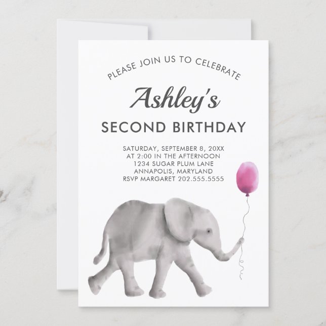 Baby Elephant Birthay Party Invitation Pink & Gray (Front)
