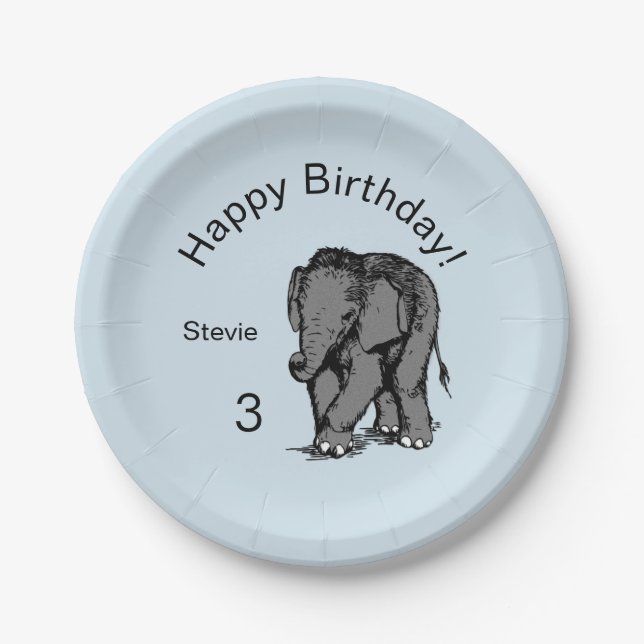 Baby Elephant Birthday Blue Paper Plates (Front)