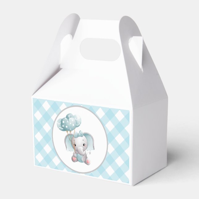 Baby Elephant Birthday Favor Box Blue Gingham (Front Side)