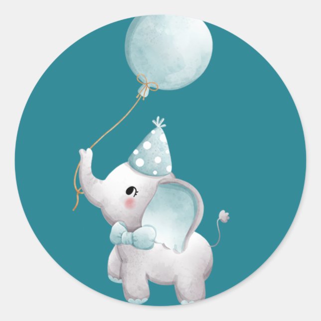 Baby Elephant Birthday Favor Sticker Blue Boy (Front)