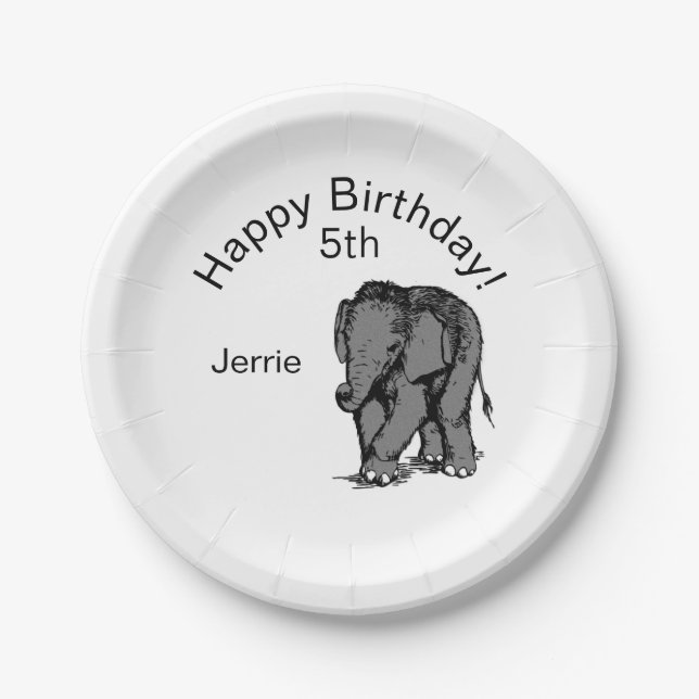 Baby Elephant Birthday Paper Plates (Front)