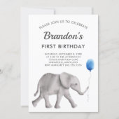 Baby Elephant Birthday Party Invitation Blue Gray (Front)
