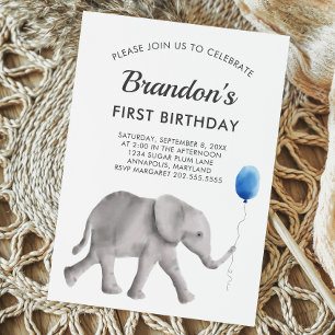 Baby Elephant Birthday Party Invitation Blue Gray
