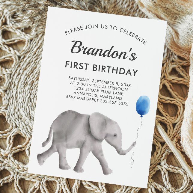 Baby Elephant Birthday Party Invitation Blue Gray