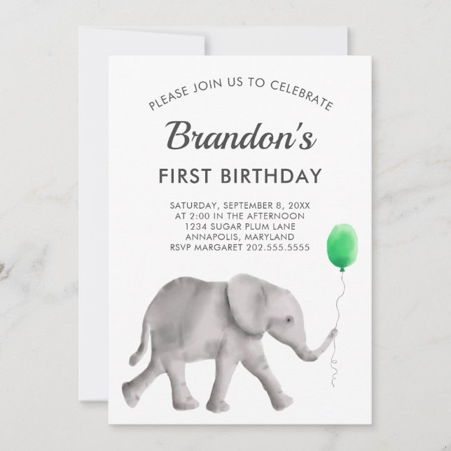 Baby Elephant Birthday Party Invitation, Green Invitation (Front)
