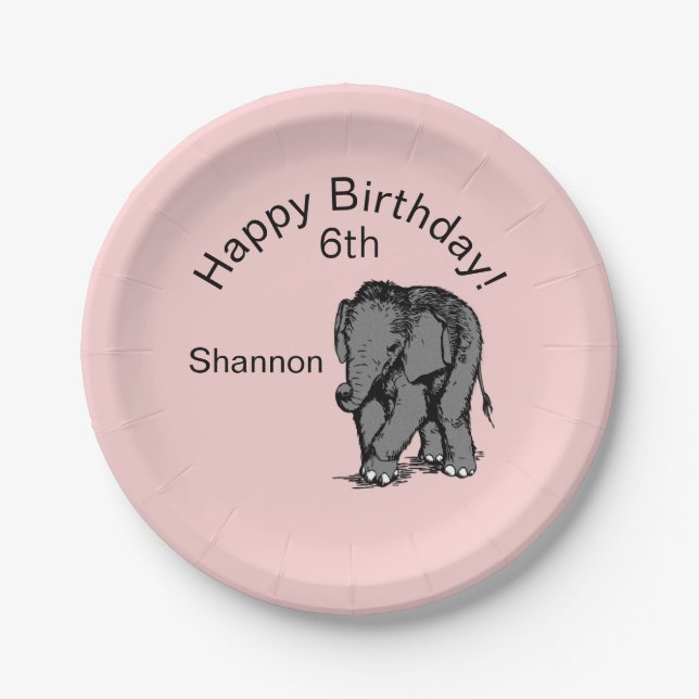 Baby Elephant Birthday Pink Paper Plates (Front)