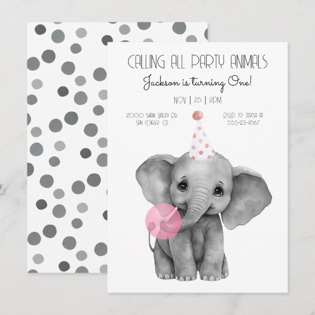 Baby Elephant black and white Birthday Invitation (Front/Back)