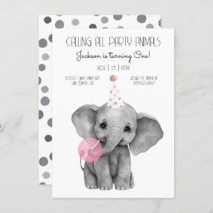 Baby Elephant black and white Birthday Invitation