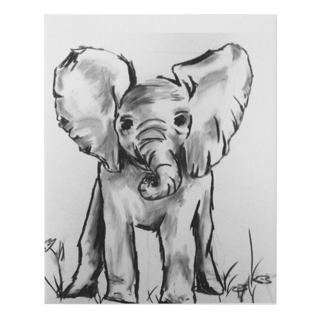 Baby Elephant Black and White Faux Canvas Print (Front)