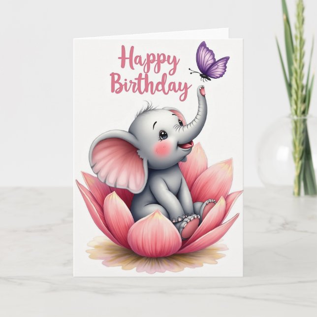 Baby Elephant Blossom Birthday Card (Front)