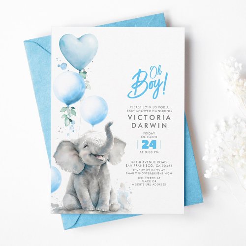 Baby Elephant Blue and Gray Cute Boy Baby Shower Invitation