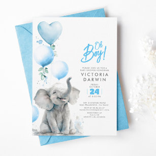 Baby Elephant Blue and Grey Cute Boy Baby Shower Invitation