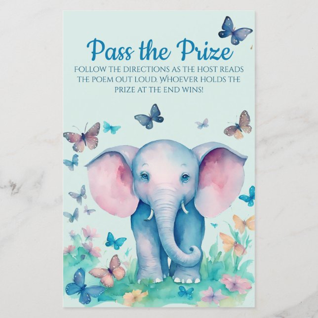 Baby Elephant Blue Baby Shower Pass the Prize Game (Back)