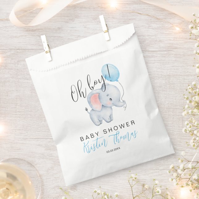 Baby Elephant & Blue Balloon Baby Shower Favor Bag (Clipped)