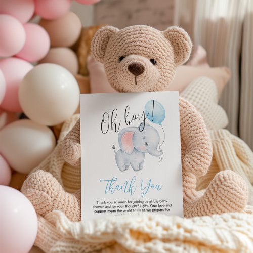 Baby Elephant  Blue Balloon Baby Shower Thank You Card