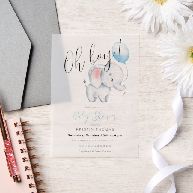 Baby Elephant & Blue Balloon Baby Shower Vellum Invitations (Wedding)