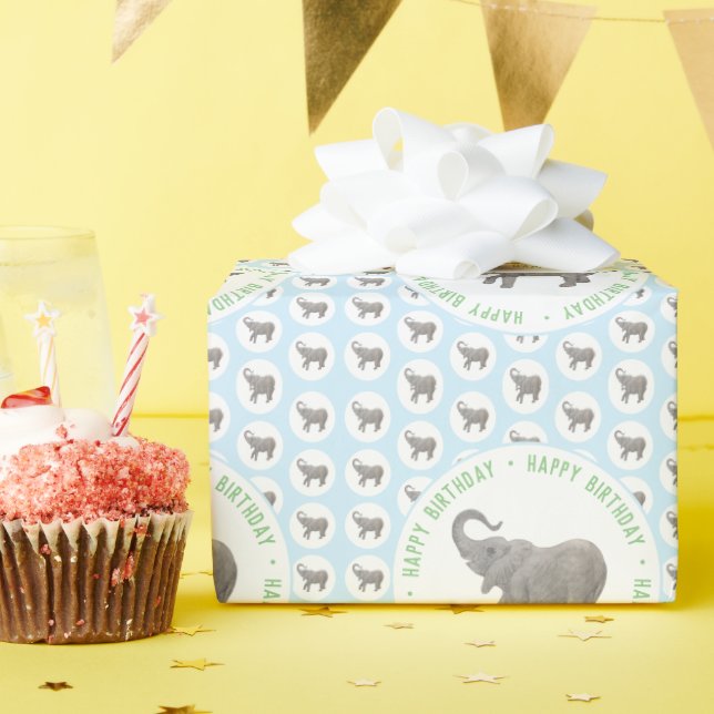 Baby Elephant Blue Birthday Wrapping Paper (Birthday Party)