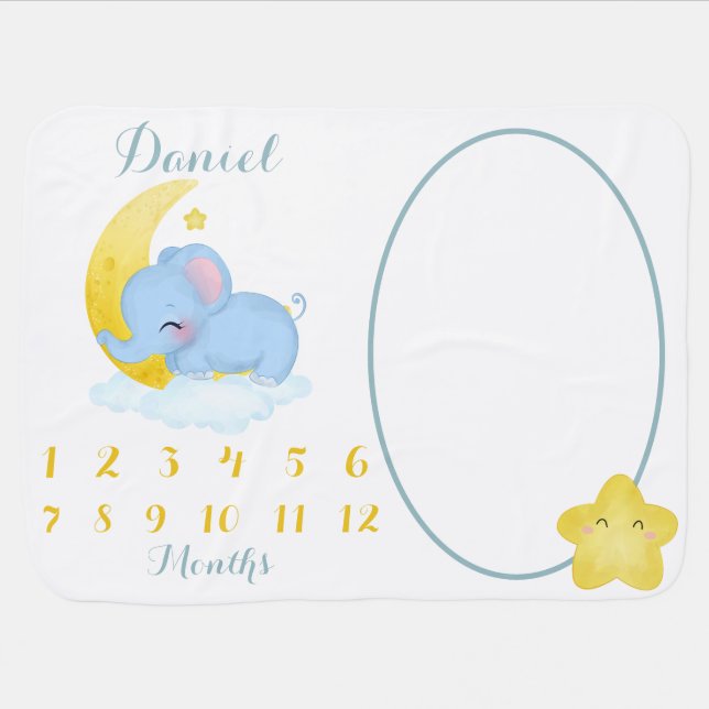 Baby Elephant Blue Boy Personalized Milestone Baby Blanket (Horizontal)