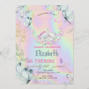 Baby Elephant Blue Butterflies Holographic Invitation